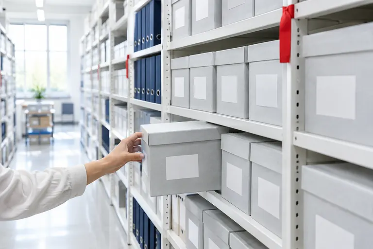 Salle d’archives claire aux boîtes alignées, métaphore des archives d’un site d’actualité
