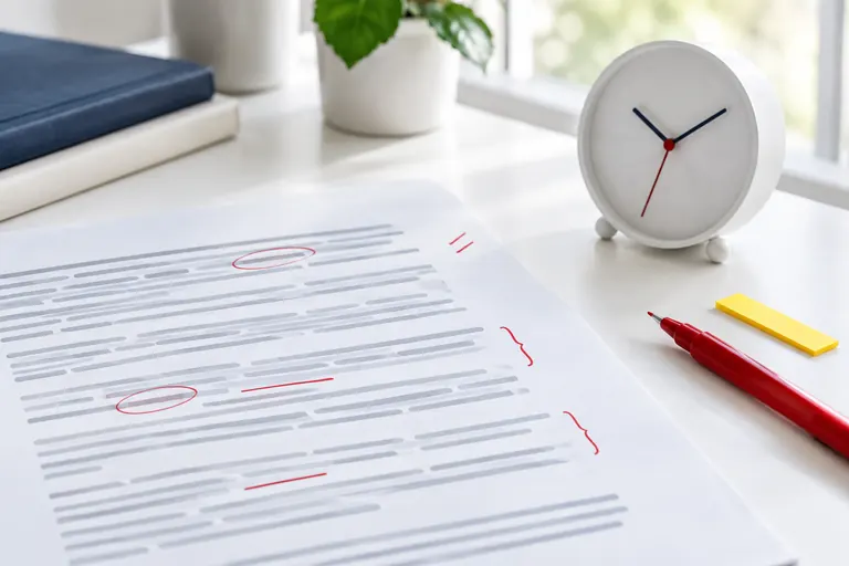 Feuille corrigée au stylo rouge près d’une horloge, mise à jour d’un article d’actualité